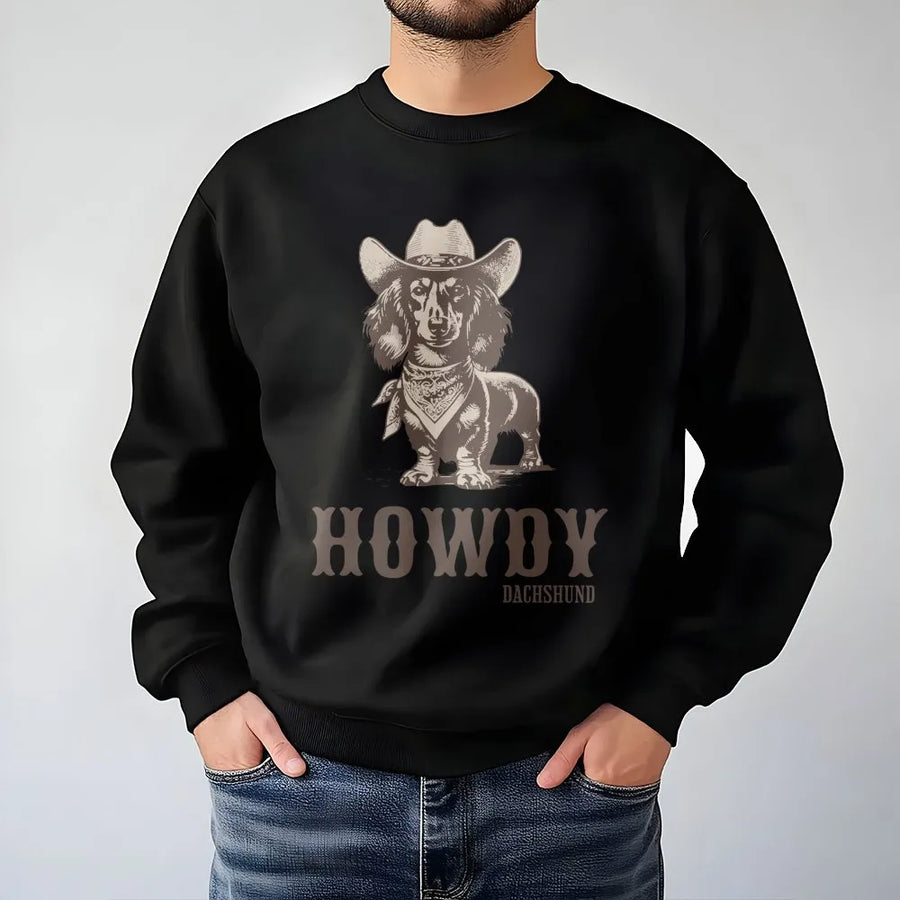 Howdy Dachshund Sweatshirt | Vintage Cowboy Doxie Western Graphic Print | Premium Cotton Blend Crewneck | Cute Dog Lover Gift for Her