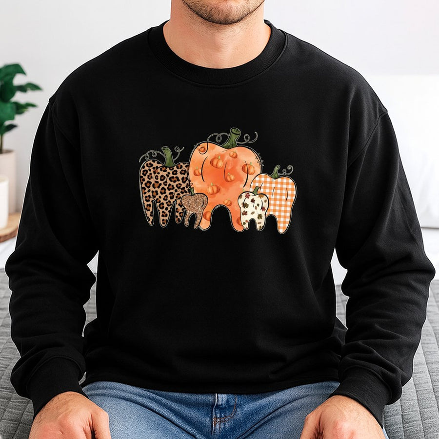 Dentist Pumpkin Sweatshirt | Leopard Print Dental Halloween Graphic | Soft Cotton Blend | Fall Holiday Gift for Dental Hygienist and Dentist