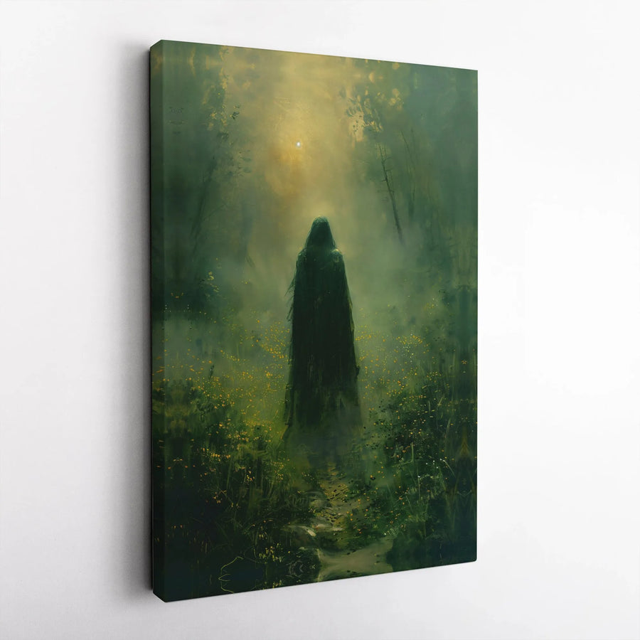 Gothic Ghost Canvas Wall Art | Spectral Figure in Misty Wildflower Field | Premium Frameless Print | Moody Dark Academia Decor Gift