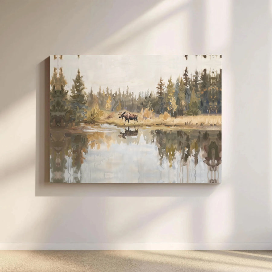 Moose Canvas Wall Art | Impressionist Wildlife Painting with Lake Reflection | Premium Gallery Wrap Canvas | Rustic Cabin & Lodge Decor Gift