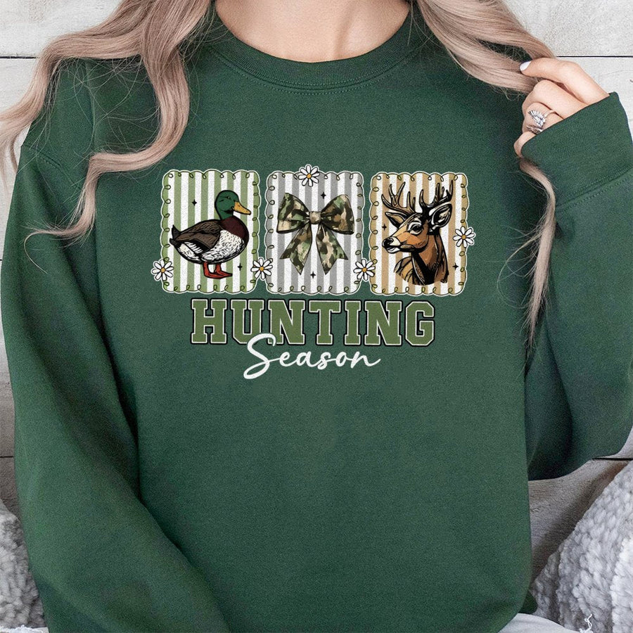 Hunting Season Sweatshirt | Deer And Duck Camo Bow Print | Premium Cotton Blend | Fall Outdoor Apparel Gift For Women