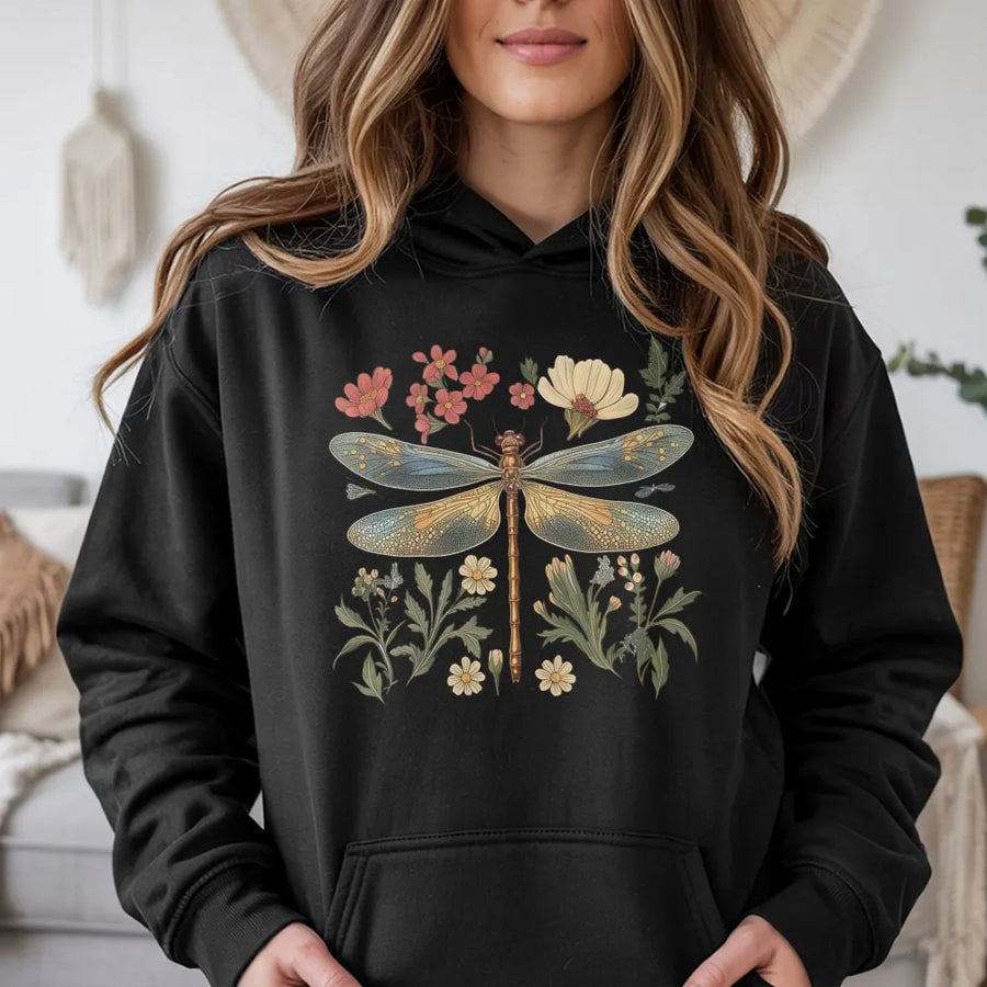 Dragonfly Hoodie | Botanical Retro Nature Graphic | Premium Soft Cotton Blend | Aesthetic Cottagecore Gift for Her
