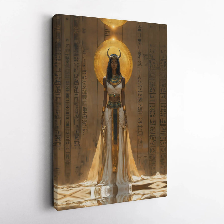 Egyptian Goddess Canvas Wall Art | Hathor Hieroglyph Gold Decor | Premium Gallery Wrap Print | Mythological Spiritual Home Gift