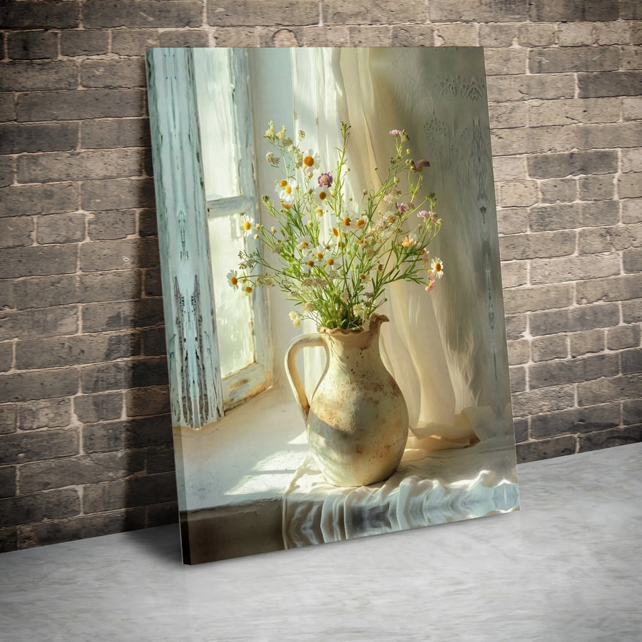 Wildflower Vase Canvas Wall Art | Sunlit Window Still Life Photography | Premium Gallery Wrapped Print | Farmhouse Kitchen Decor Gift