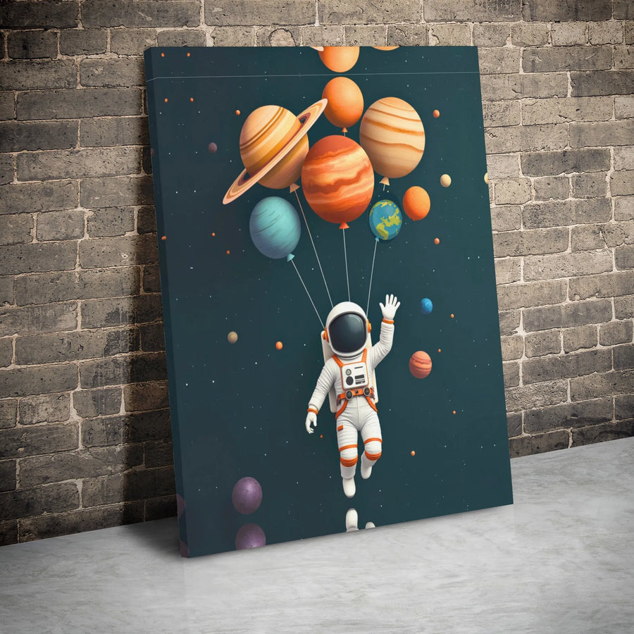 Astronaut Canvas Wall Art | Solar System Planets Balloon Print | Premium 1.25" Gallery Wrap | Modern Kids Space Decor Gift