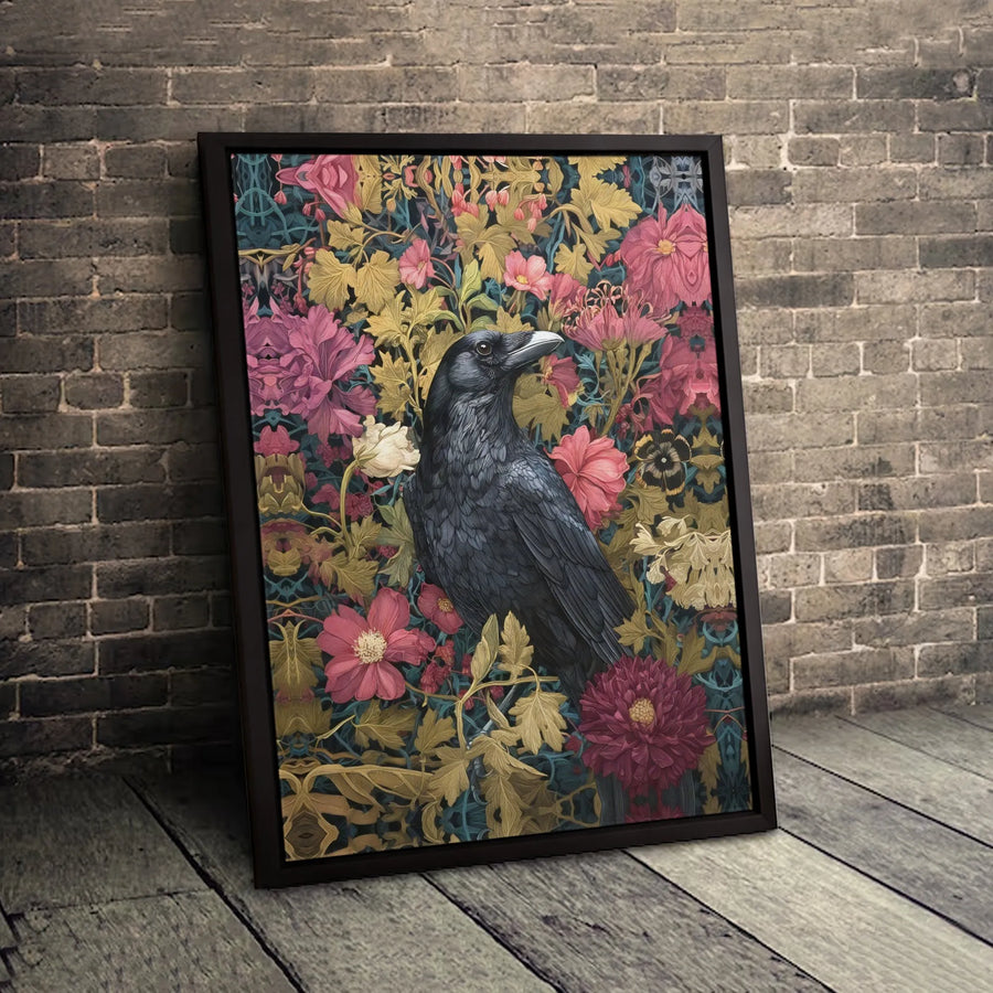 Black Raven Canvas Wall Art | Gothic Vintage Floral Botanical Print | 1.25" Premium Gallery Wrapped Decor | Moody Dark Academia Home Gift