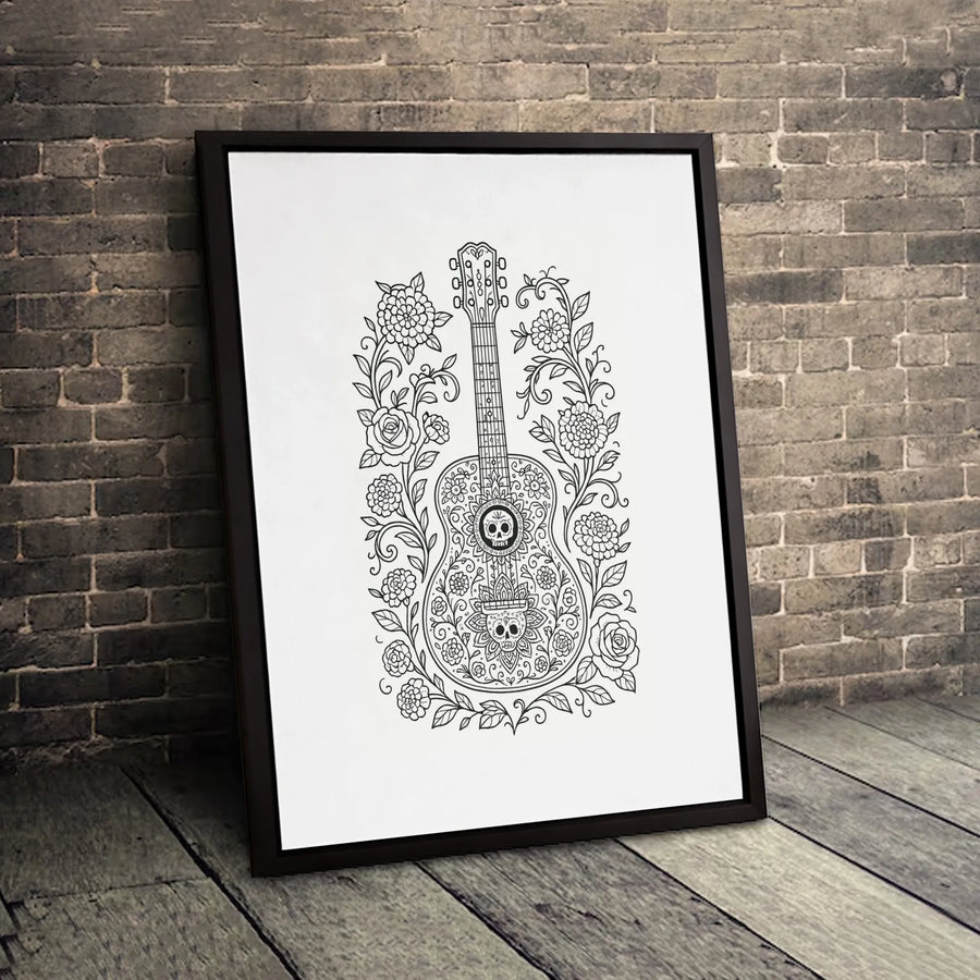 Sugar Skull Guitar Canvas Wall Art | Floral Dia De Los Muertos Illustration | Gallery Quality Premium Print | Gothic Music Decor For Home Office