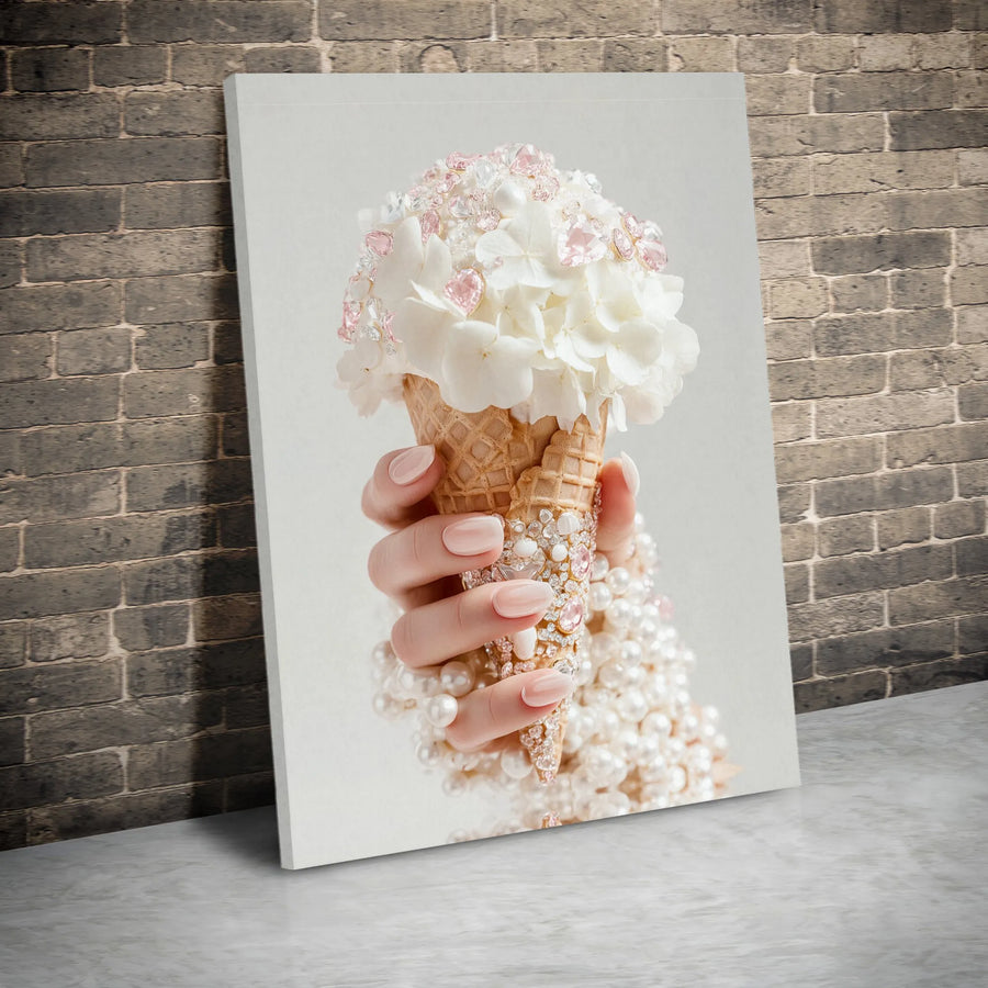 Floral Ice Cream Cone Canvas Print | Jeweled Hydrangea & Pearl Design | Premium Gallery Wrapped Canvas | Chic Salon Wall Decor Gift for Her