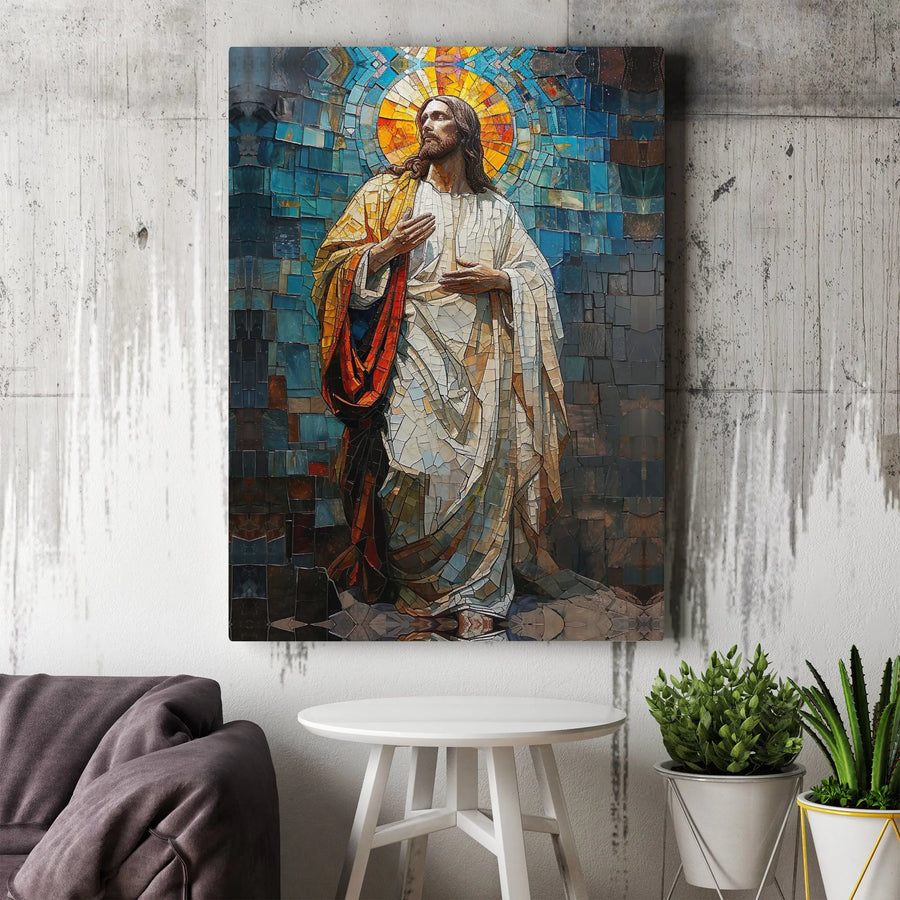 Jesus Christ Wall Art | Stained Glass Mosaic Portrait with Halo | Premium Gallery Wrapped Canvas | Religious Christian Home Decor Gift