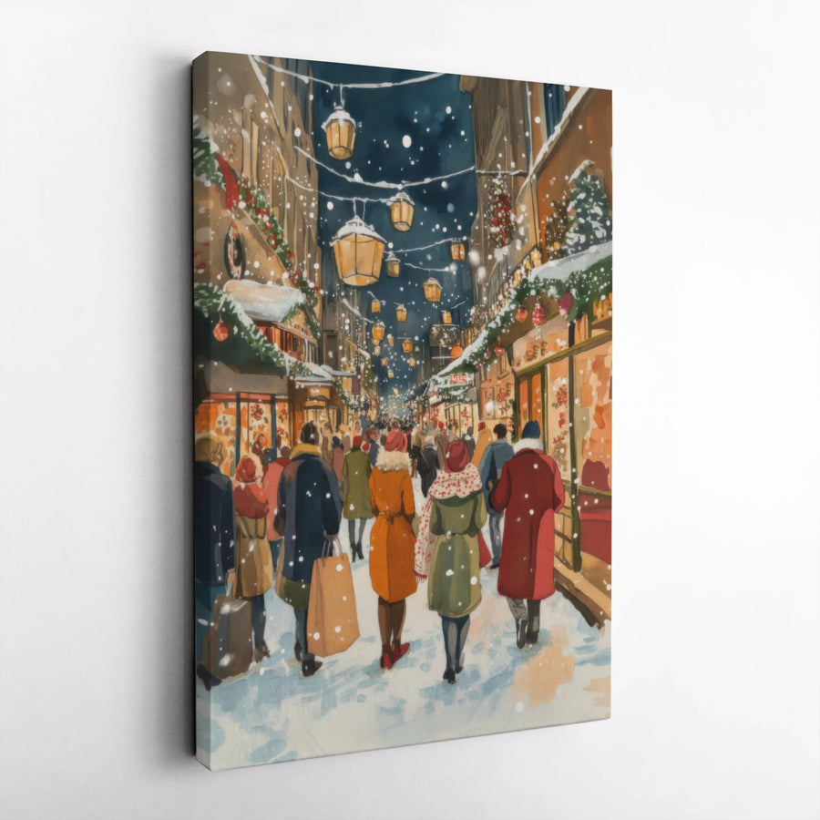 Christmas Shopping Street Canvas | Snowy Night Winter City Art | Premium Gallery Wrapped Wall Decor | Festive Holiday Home Gift