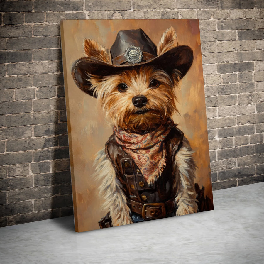 Yorkshire Terrier Canvas Art | Cowboy Sheriff Dog Wall Decor | Premium Gallery Wrap Print | Unique Gift for Dog Lovers