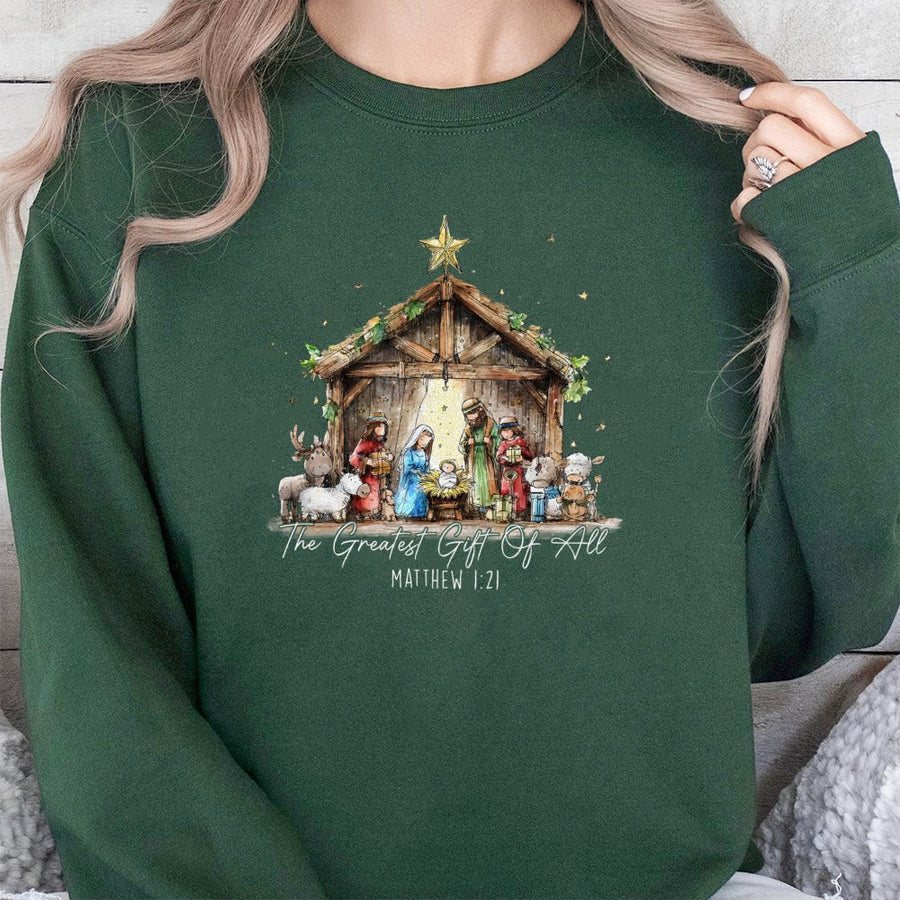 Nativity Scene Sweatshirt | The Greatest Gift Of All Christian Christmas Apparel | Premium Cotton Blend | Religious Holiday Gift For Men & Women