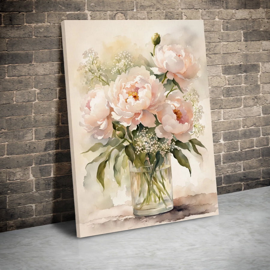 Pink Peony Watercolor Wall Art | Floral Botanical Painting in Vase | Gallery Quality Canvas Print | Elegant Home Decor for Living Room Gift