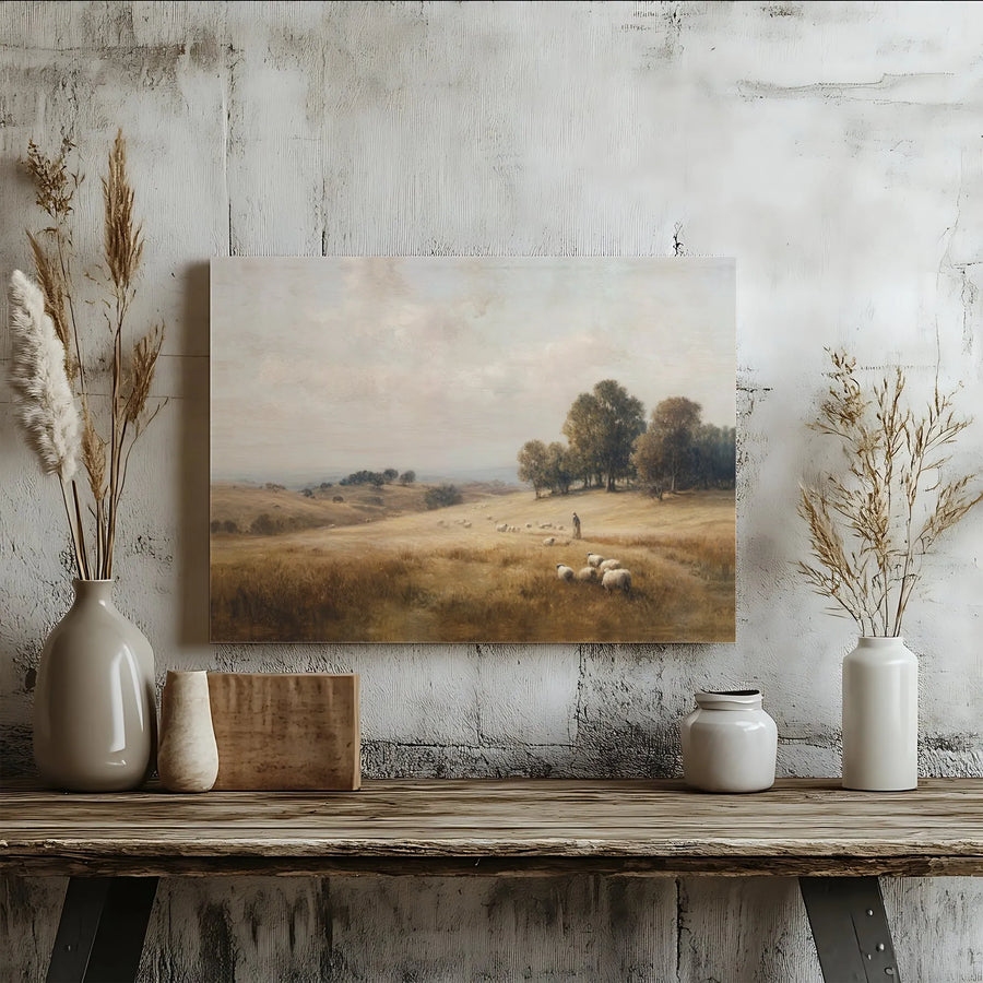 Pastoral Landscape Canvas Art | Vintage Shepherd and Sheep Painting | Premium 1.25-Inch Gallery Wrap | Rustic Country Home Decor Wall Art
