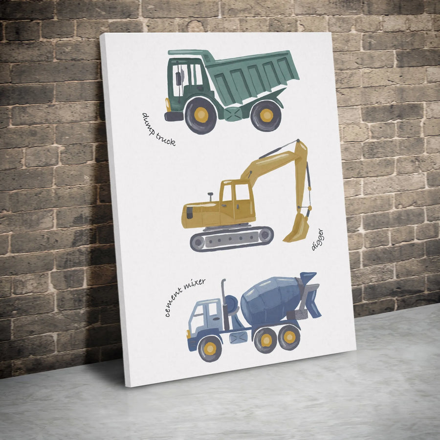 Construction Trucks Canvas Print | Watercolor Digger, Dump Truck & Cement Mixer | Premium Gallery Wrapped Canvas | Nursery & Kids Room Decor Gift