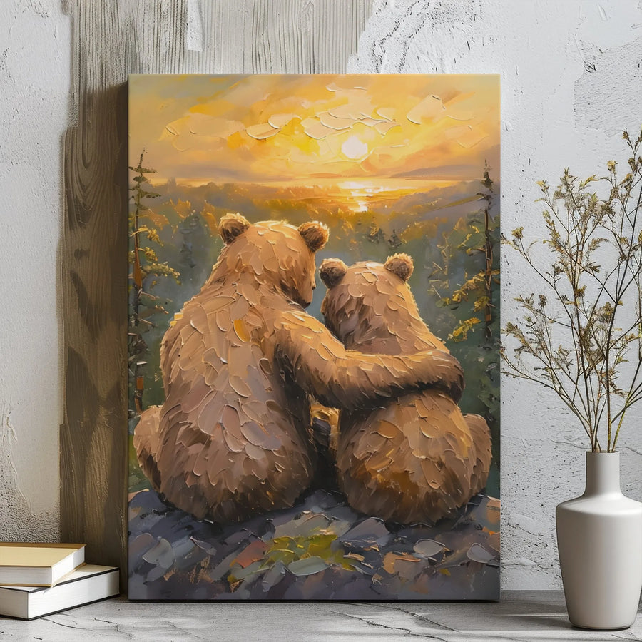 Bear Hug Canvas Wall Art | Impressionist Sunset Forest Painting | Premium Gallery Wrapped 1.25" Decor | Nature Inspired Gift for Wildlife Lovers
