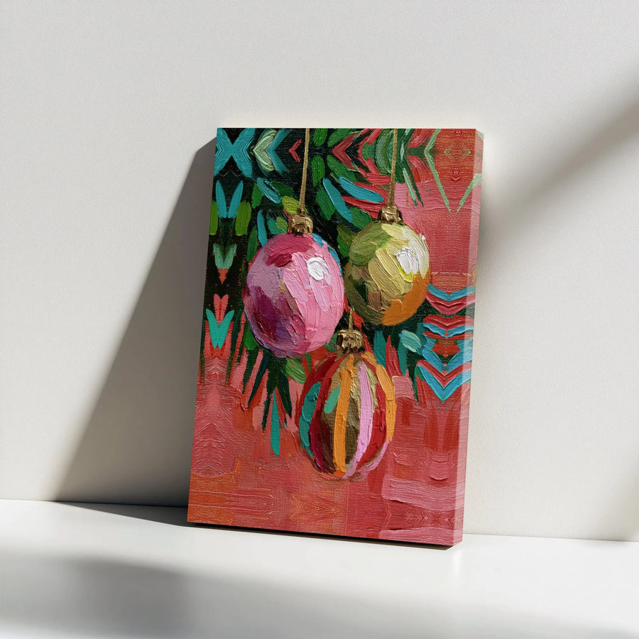 Christmas Ornament Wall Art | Vibrant Impressionist Holiday Painting | Gallery Wrapped Canvas | Festive Living Room Decor Gift