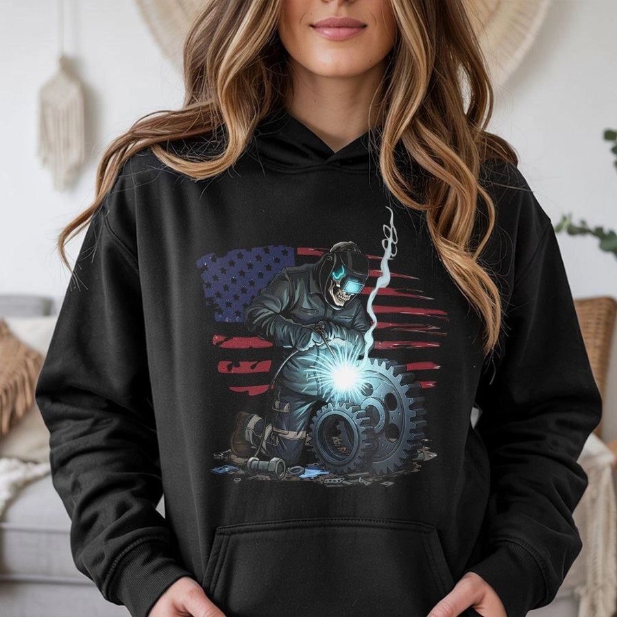 Welder Hoodie | American Flag Skull Graphic | Premium Cotton Blend | Patriotic Tradesman Gift for Him