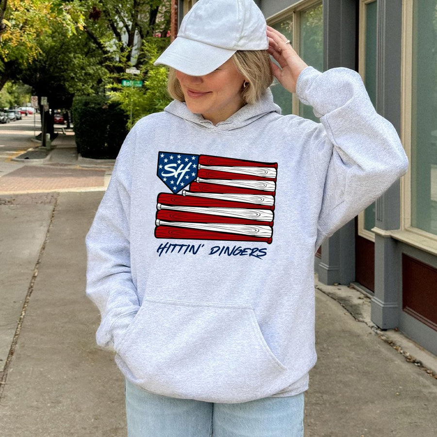 Baseball Flag Hoodie | Hittin' Dingers Graphic Design | Premium Cotton-Poly Blend | Gift for Baseball Players and Sports Fans