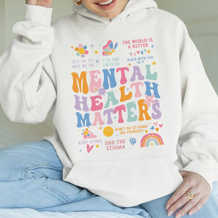 Mental Health Matters Hoodie | Retro Aesthetic Positive Vibes Design | Premium Cotton Blend | Inspirational Gift for Self Care and Wellness
