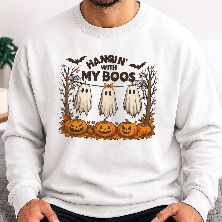 Hangin With My Boos Sweatshirt | Cute Ghost Pumpkin Halloween Graphic | Premium Cotton Blend | Spooky Fall Gift For Women And Men