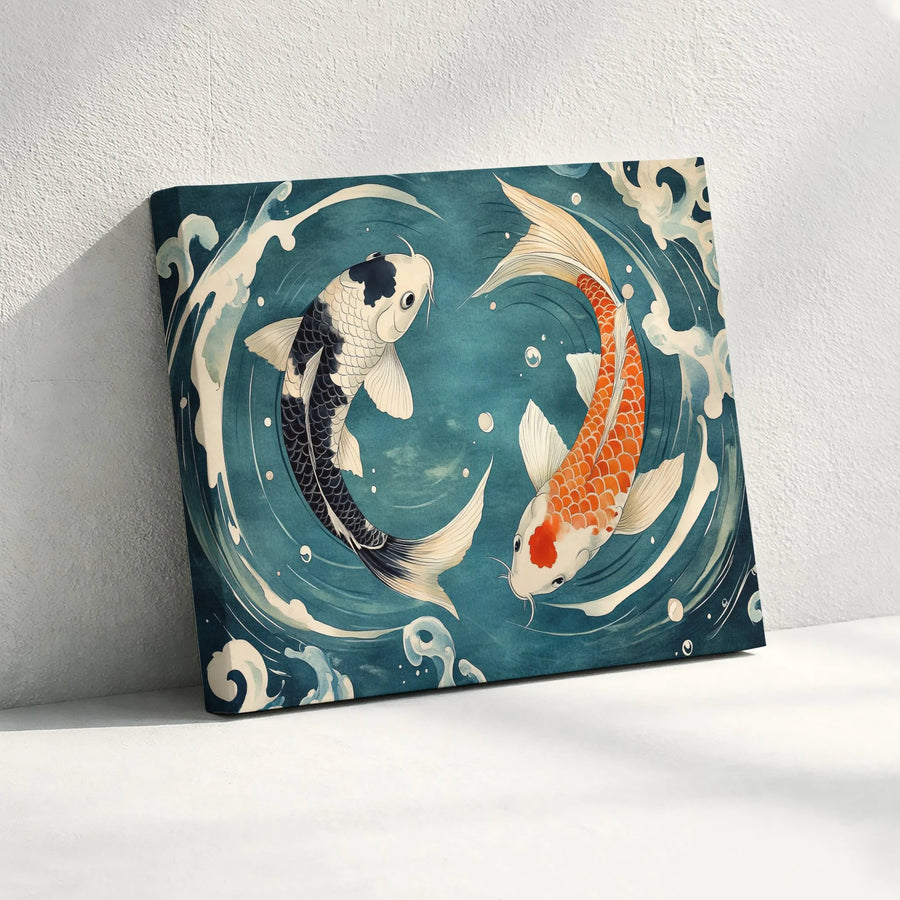 Yin Yang Koi Fish Canvas Wall Art | Japanese Zen Watercolor Style | Premium Gallery Wrap Print | Meditative Home Decor for Living Room
