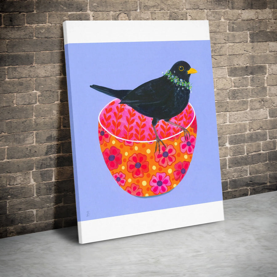 Folk Art Blackbird Vertical Canvas | Colorful Bird with Flower Wreath Print | Premium Gallery Wrapped Wall Art | Unique Gift for Bird Lover