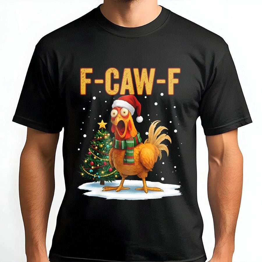Funny Chicken F-Caw-F Christmas T-Shirt | Cute Rooster Santa Hat Graphic | Premium 100% Cotton Tee | Hilarious Holiday Gift For Poultry Lovers