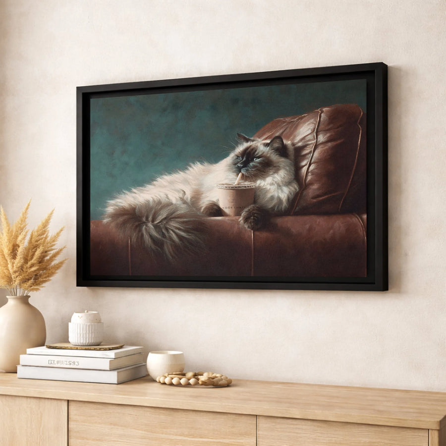 Fluffy Cat Drinking Coffee Canvas Wall Art | Whimsical Pet Portrait on Leather Couch | Premium 1.25" Gallery Wrap | Unique Home Decor Gift for Cat Lovers