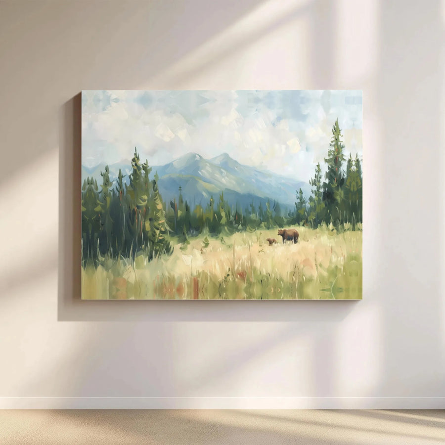 Bear And Cub Mountain Landscape Canvas Art | Impressionist Meadow Wall Decor | Premium 1.25" Gallery Wrap | Nature Lover Home Office Gift
