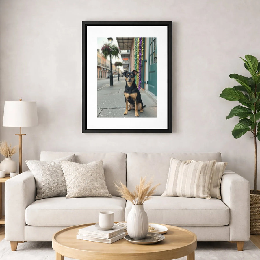 New Orleans French Quarter Dog Art | Realistic Black and Tan Dog Portrait | Premium 1.25-Inch Gallery Wrapped Canvas | Charming Home Decor Gift