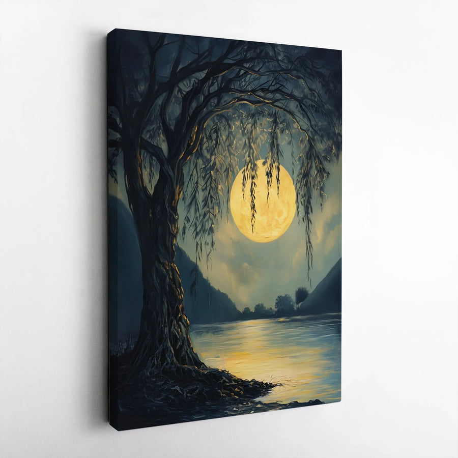 Weeping Willow Wall Art | Moonlit Lake Landscape Canvas | Premium Fade-Resistant Gallery Wrap | Serene Nature Home Decor Gift