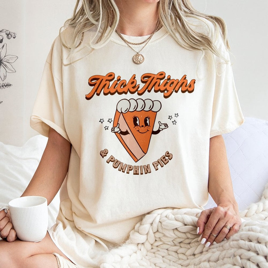 Thick Thighs Pumpkin Pies T-Shirt | Retro Fall Graphic Tee | 100% Cotton Premium Quality | Funny Thanksgiving Gift for Her