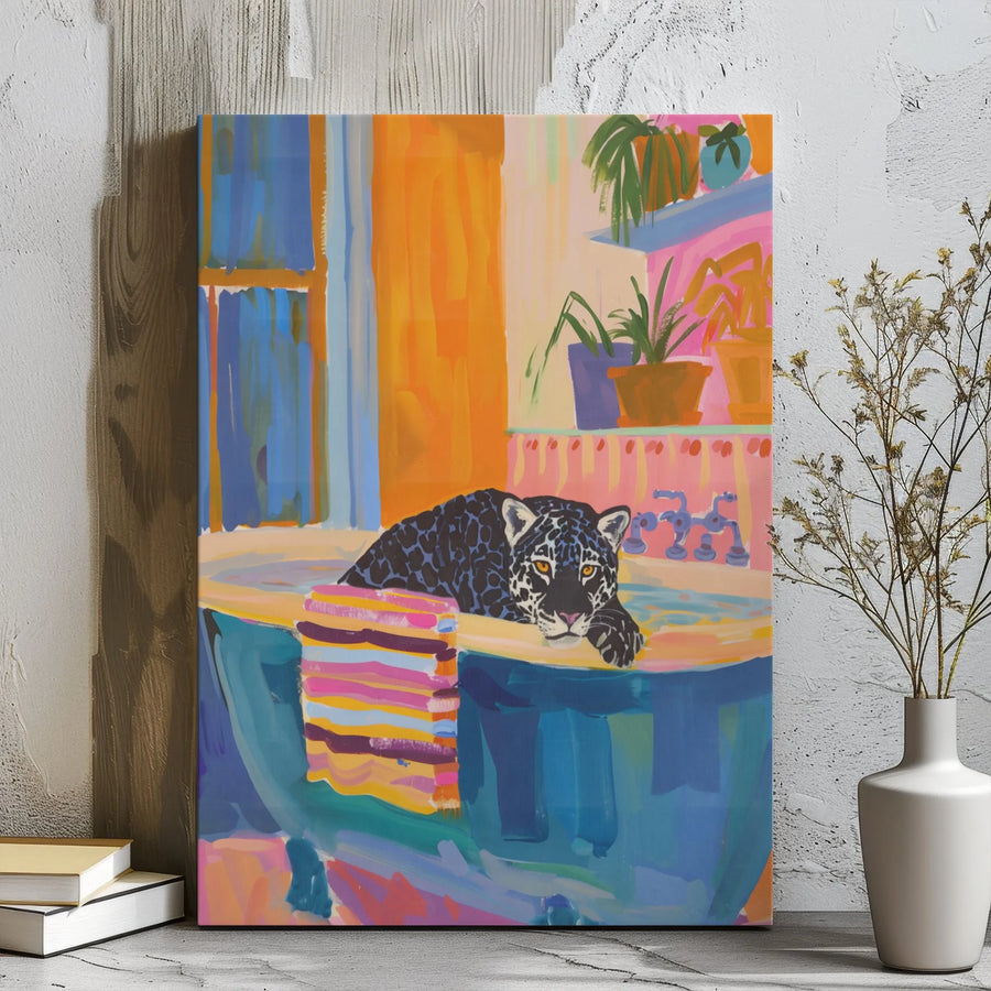 Black Jaguar Canvas Wall Art | Colorful Maximalist Bathtub Painting | Premium Gallery Wrapped Decor | Whimsical Animal Portrait for Home Office