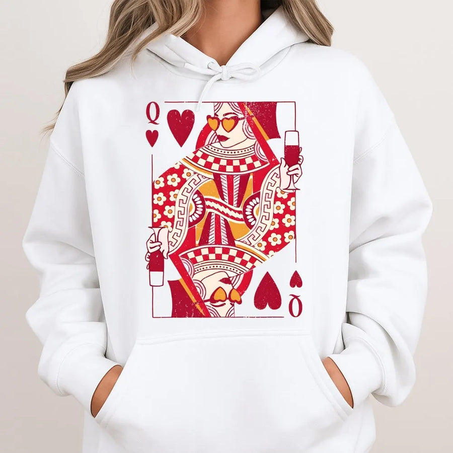 Queen Of Hearts Hoodie | Retro Playing Card Graphic | Premium Cotton Blend | Valentine Gift For Her Women Teens