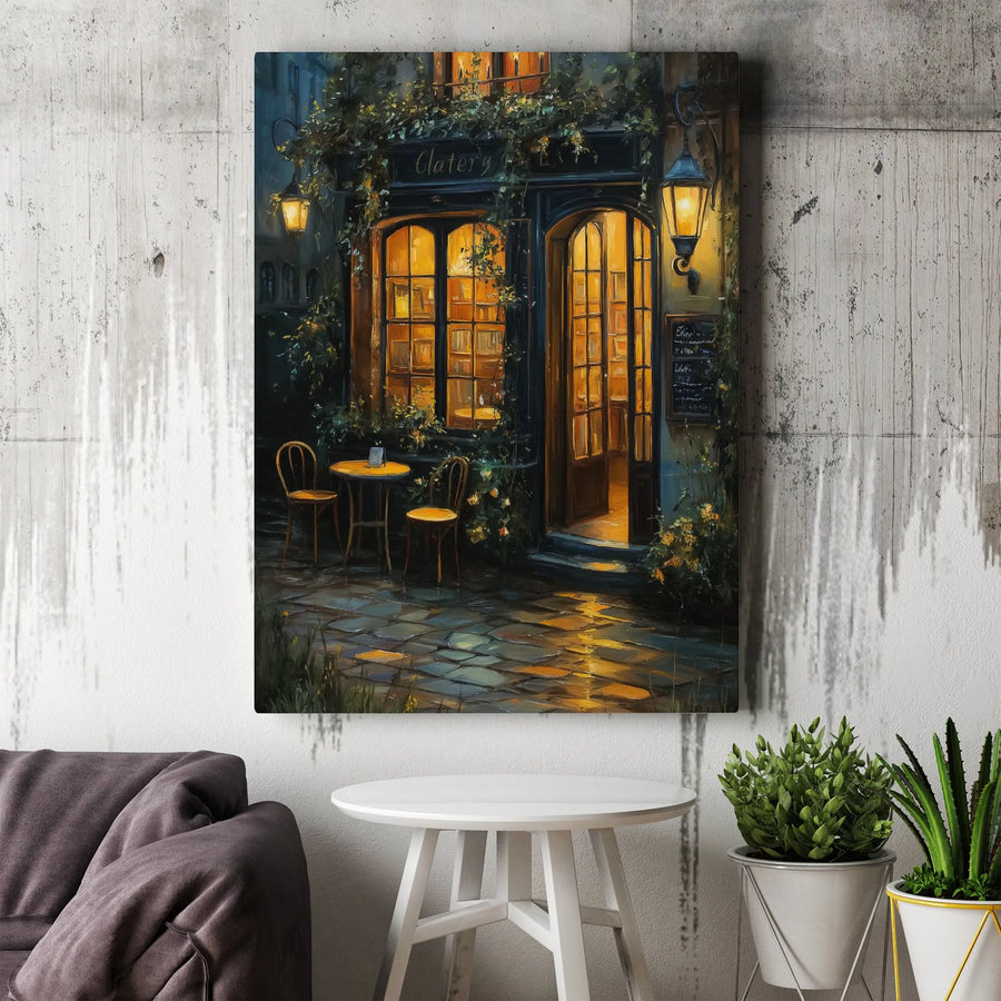 Parisian Cafe Canvas Print | Romantic European Street Scene at Night | Gallery Quality Wall Art | Cozy Home Decor Gift for Book Lovers