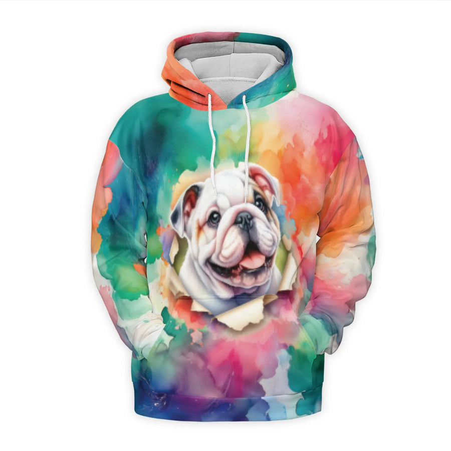 English Bulldog 3D Hoodie | Vibrant Watercolor Splash Art | Premium Brushed Fleece Pullover | Unique Dog Lover Gift for Men and Women