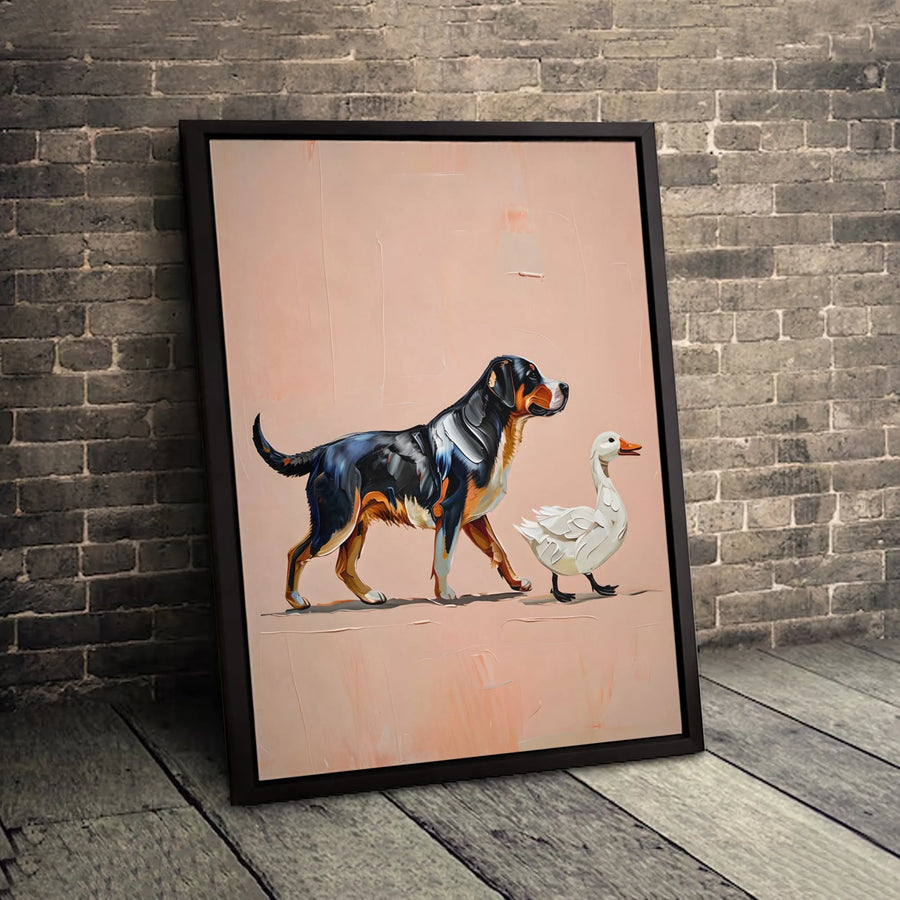 Greater Swiss Mountain Dog Wall Art | Impressionist Dog and Goose Painting | Premium Gallery-Wrapped Canvas | Animal Lover Home Decor Gift