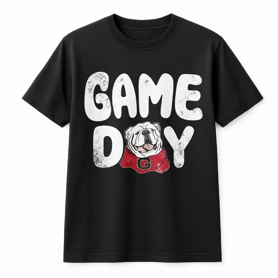 Game Day Bulldog T-Shirt | Vintage Distressed College Football Graphic | Premium Soft Cotton Tee | Cute Dog Fan Apparel Gift for Her and Him