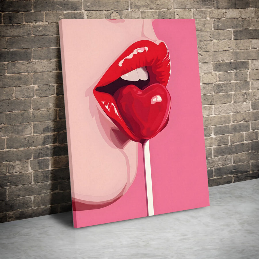 Pop Art Lips Canvas Print | Heart Lollipop Aesthetic Wall Art | Premium 1.25-Inch Gallery Wrap | Modern Bedroom & Living Room Decor
