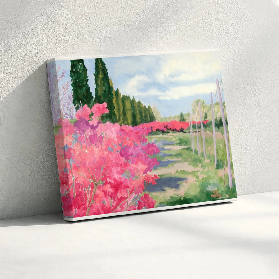 Floral Landscape Canvas Wall Art | Impressionist Vineyard Painting with Scarlet Flowers | Premium Gallery Wrap Print | Modern Farmhouse Living Room Decor Gift