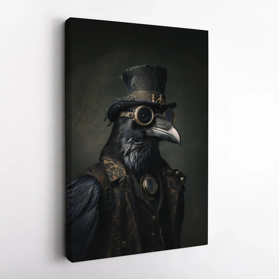Steampunk Raven Wall Art | Victorian Crow Portrait with Top Hat and Goggles | Premium Gallery Wrapped Canvas | Dark Academia Home Decor Gift