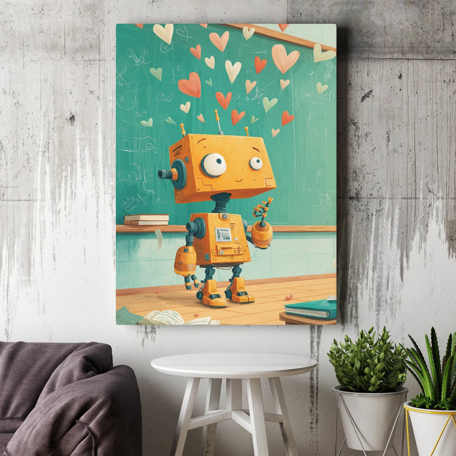Cute Robot Canvas Wall Art | Whimsical Classroom Heart Illustration | Premium Gallery-Wrapped Print | Perfect Kids Room Decor Gift