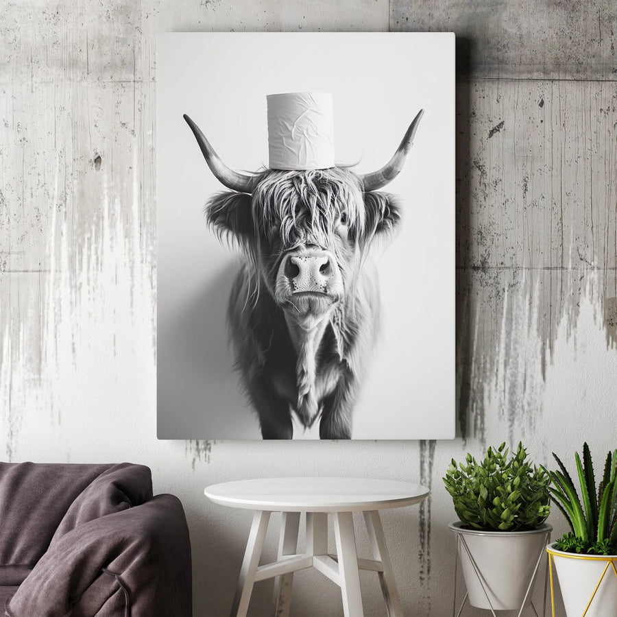 Highland Cow Bathroom Wall Art | Funny Toilet Paper Cow Portrait | Modern Farmhouse Canvas Decor | Humorous Restroom Gift for Cow Lovers