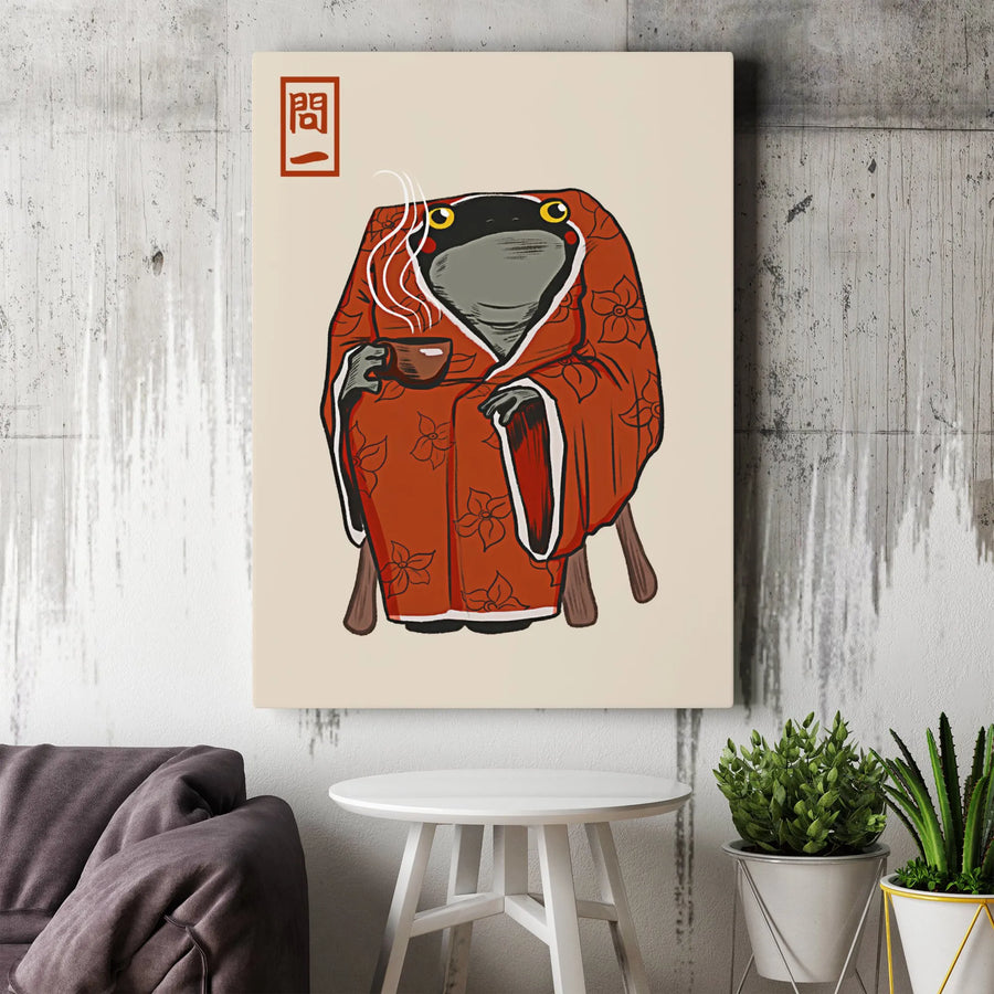 Japanese Frog Canvas Art | Red Floral Kimono Tea Illustration | Premium Gallery Wrap Wall Decor | Whimsical Zen Home Gift for Frog Lovers