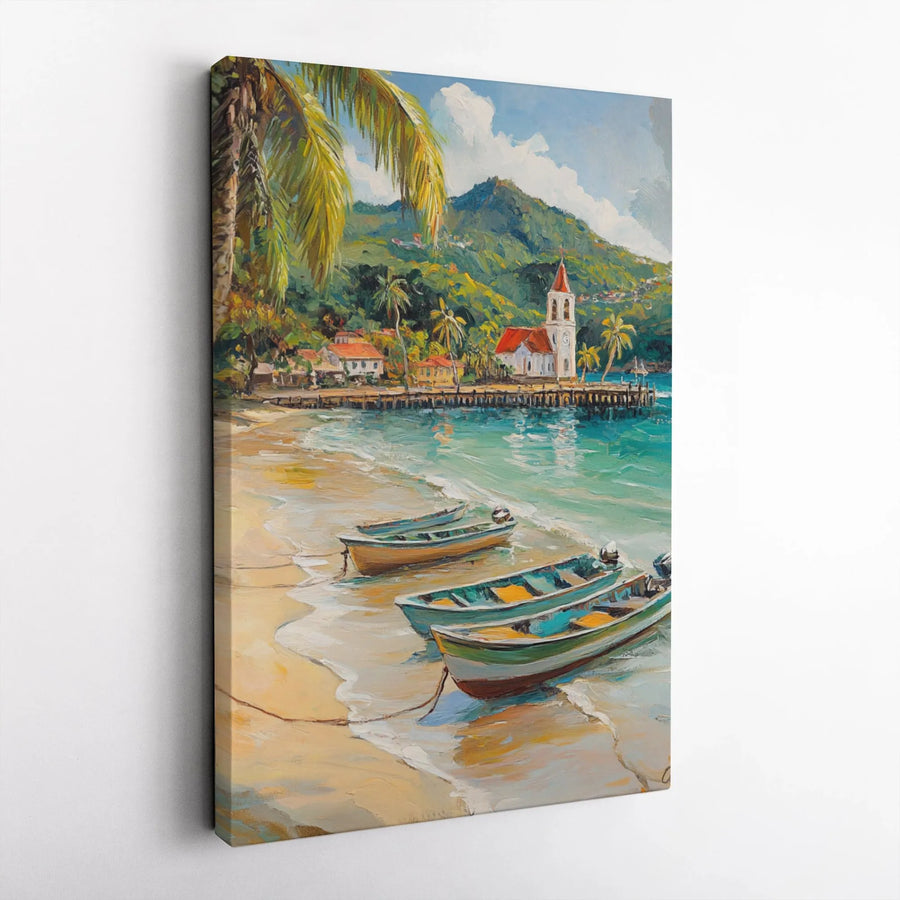 Tropical Beach Painting Canvas | Coastal Village Scene with Fishing Boats | Premium Gallery-Wrapped Print | Serene Wall Decor Gift for Beach Lovers