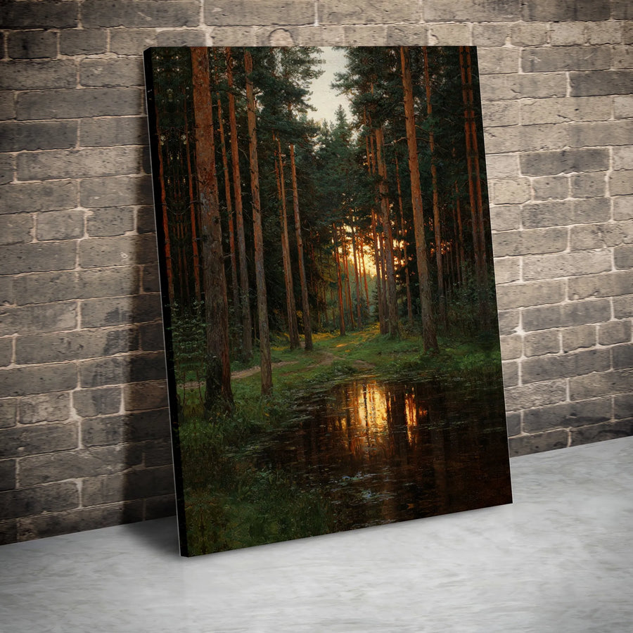 Forest Sunset Canvas Wall Art | Vintage Woodland Scene with Lake Reflection | Premium Fade-Resistant Print | Rustic Home Decor Gift