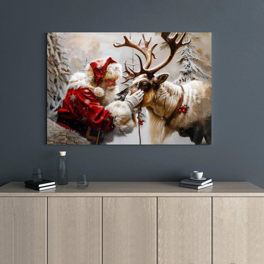 Santa Claus With Reindeer Canvas Wall Art | Whimsical Winter Forest Scene | Premium Gallery Wrap Print | Festive Christmas Home Decor Gift