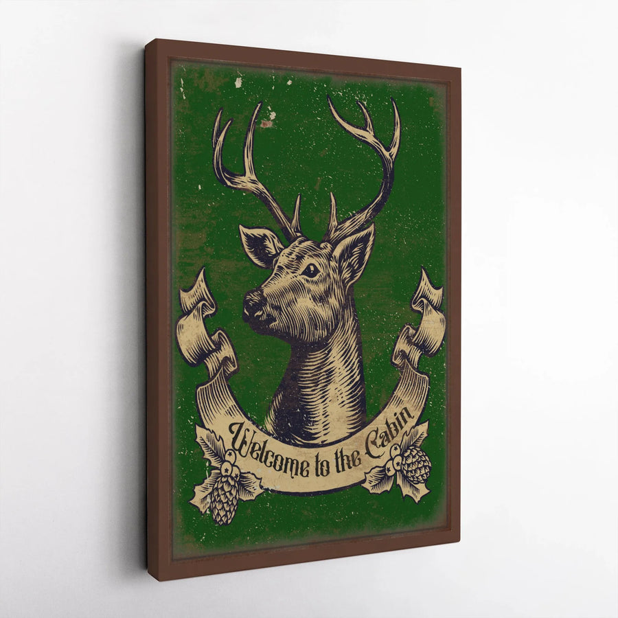 Welcome To The Cabin Canvas | Vintage Deer Head Wall Art | Rustic Lodge Decor | Premium Gallery Wrap Print for Home or Cabin Gift
