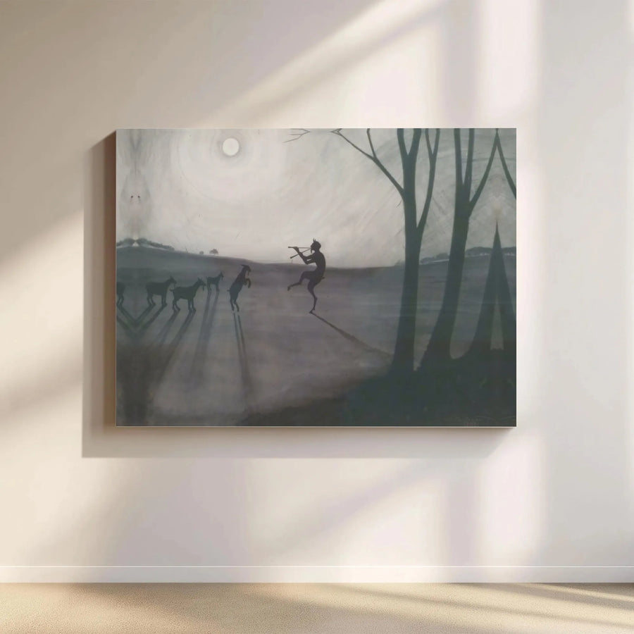 Satyr Flute Player Canvas Art | Mythical Creature Dancing Goats Wall Decor | Premium 1.25" Gallery Wrap | Folklore Fantasy Home Office Gift